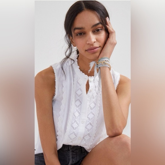 Anthropologie Tops - Anthropologie White Buttoned Embellished Blouse Mandarin Collar, Size Medium